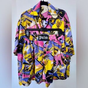 Palm Angels Pink and Yellow Graphic Blouse and Shorts set, size L, made in Italy
